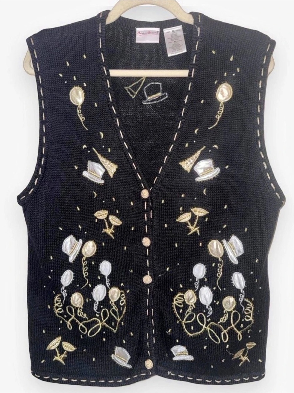 Vintage Bobbie Brooks Black Embroidered New Year Party Sweater Vest Women’s XL